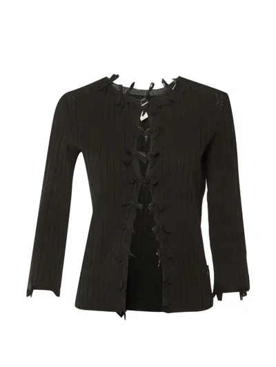 Pre-owned Chanel Bow-detail Ribbed Cardigan In Black