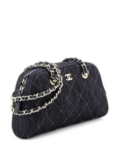 Pre-owned Chanel Bowling With Chain Quilted Denim Clutch Bag In Blue