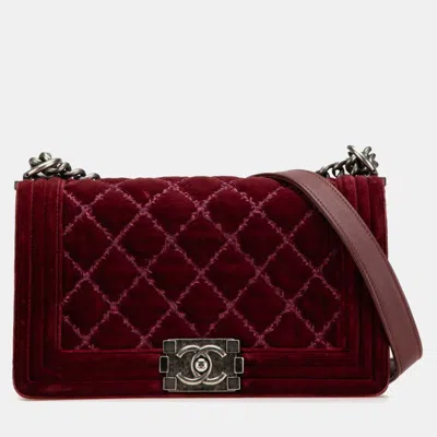 Pre-owned Chanel Boy 25 Coco Mark Chain Shoulder Bag Wine Red Velour
