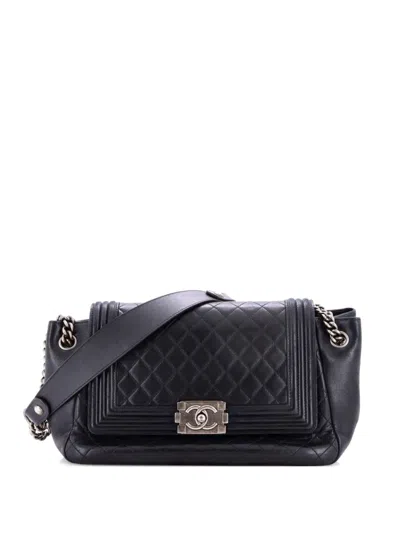 Pre-owned Chanel Boy Accordion Flap Bag Quilted Lambskin Medium Shoulder Bag In Black