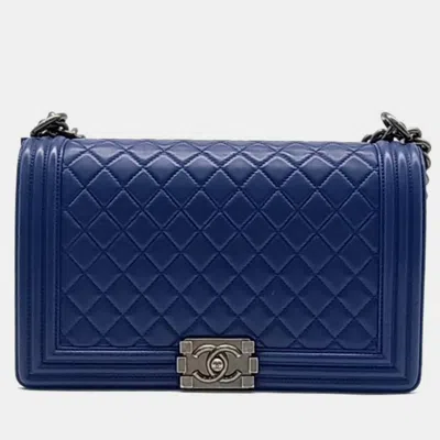 Pre-owned Chanel Boy Bag Medium Handbag In Blue