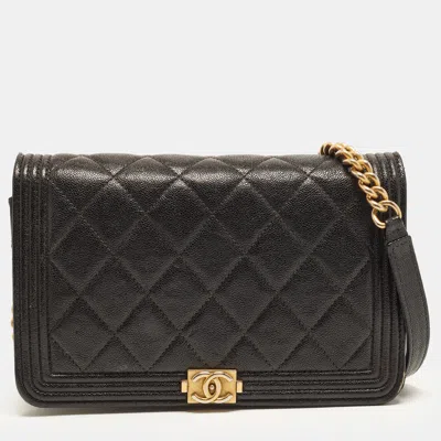 Pre-owned Chanel Boy Black Quilted Caviar Leather Wallet On Chain