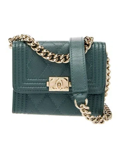 Pre-owned Chanel Boy Card Holder On Chain In Green