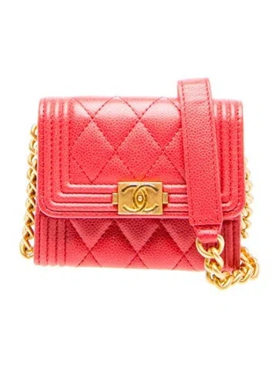 Pre-owned Chanel Boy Card Holder On Chain In Red