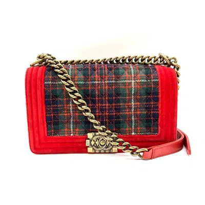 Pre-owned Chanel Boy Chain Shoulder Bag Red Green Check