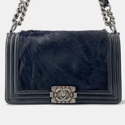 Pre-owned Chanel Boy Chain Shoulder Bag With Coco Mark Caviar Skin Black