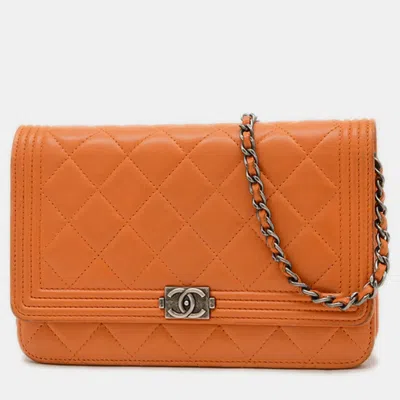Pre-owned Chanel Boy Chain Wallet Long Lambskin Orange