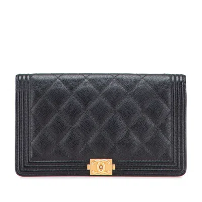 Pre-owned Chanel Boy  Black Grained Calfskin Long Wallet (bi-fold) ()