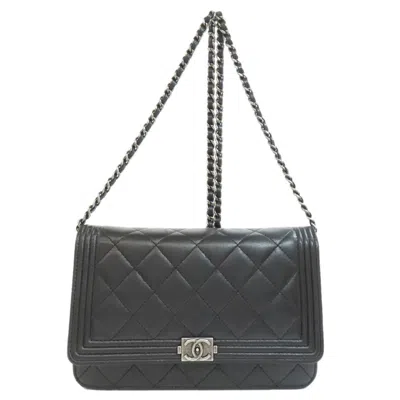 Pre-owned Chanel Boy  Black Leather Chain/shoulder Wallet ()