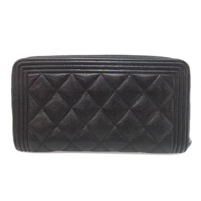 Pre-owned Chanel Boy  Black Leather Long Wallet (bi-fold) ()