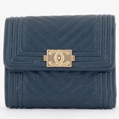 Pre-owned Chanel Boy  Blue Green Caviar Leather Wallet (tri-fold) () In Multi