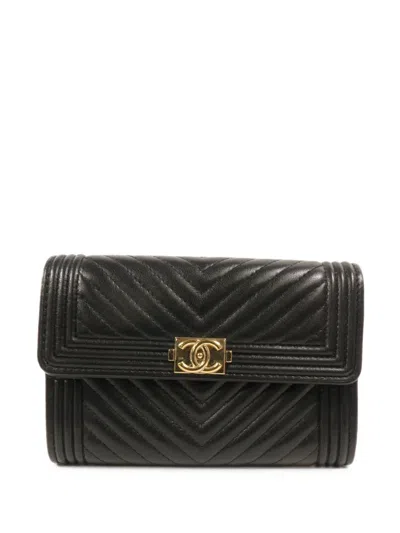 Pre-owned Chanel Boy  Chevron-quilted Wallet In Black