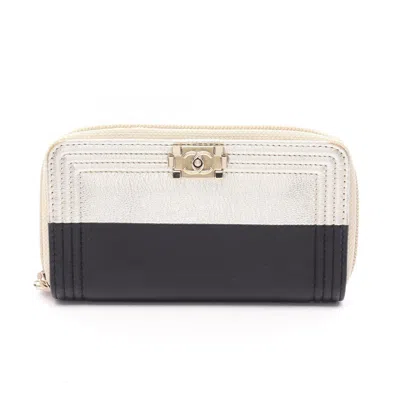 Pre-owned Chanel Boy  Gold Black Leather Wallet (bi-fold) () In Multi