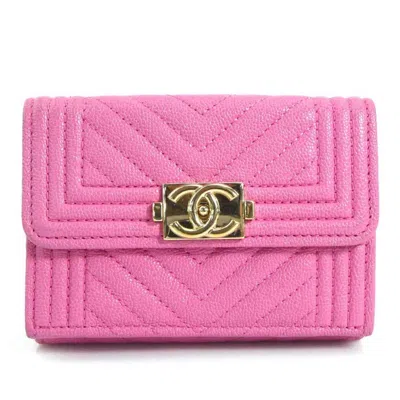 Pre-owned Chanel Boy  Pink Grained Calfskin Wallet (tri-fold) ()