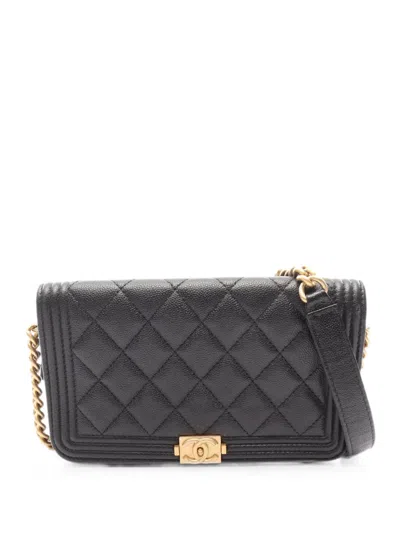 Pre-owned Chanel Boy  Quilted Chain Wallet In Black