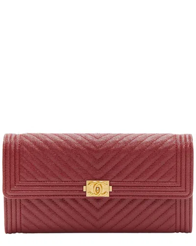 Pre-owned Chanel Boy Chevron Red Caviar Gold Cc Logo Flap Long Wallet, Never Carried  (authentic Pre-loved)
