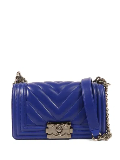 Pre-owned Chanel Boy Chevron-quilted Shoulder Bag In Blue