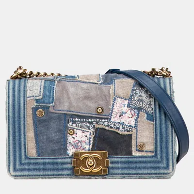 Pre-owned Chanel Boy Coco Mark Patchwork Blue Multicolor Denim Leather Chain Shoulder Bag