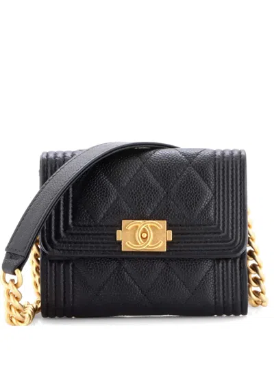 Pre-owned Chanel Boy Coin Purse With Chain Quilted Caviar Mini Crossbody Bag In Black