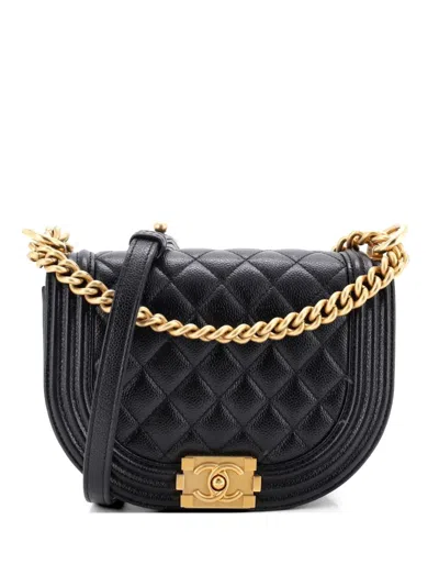 Pre-owned Chanel Boy Curved Messenger Bag Quilted Caviar Small Crossbody Bag In Black