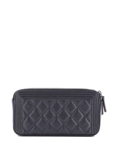 Pre-owned Chanel Boy Double Zip With Chain Quilted Caviar Clutch Bag In Black