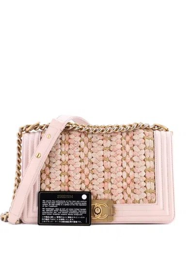 Pre-owned Chanel Boy Flap Bag Braided Tweed Old Medium Crossbody Bag In Pink
