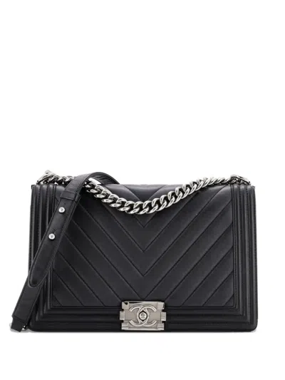 Pre-owned Chanel Boy Flap Bag Chevron Calfskin New Medium Shoulder Bag In Black