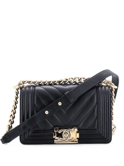 Pre-owned Chanel Boy Flap Bag Chevron Calfskin Small Crossbody Bag In Black