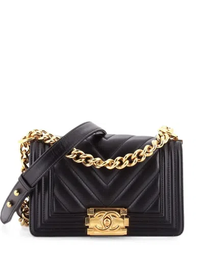 Pre-owned Chanel Boy Flap Bag Chevron Calfskin Small Crossbody Bag In Black