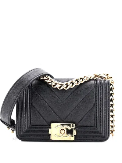 Pre-owned Chanel Boy Flap Bag Chevron Caviar Mini Crossbody Bag In Black
