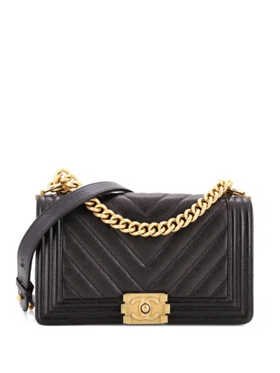 Pre-owned Chanel Boy Flap Bag Chevron Caviar Old Medium Shoulder Bag In Black