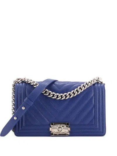 Pre-owned Chanel Boy Flap Bag Chevron Caviar Old Medium Shoulder Bag In Blue