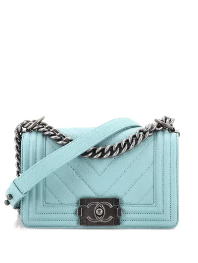 Pre-owned Chanel Boy Flap Bag Chevron Caviar Small Crossbody Bag In Blue