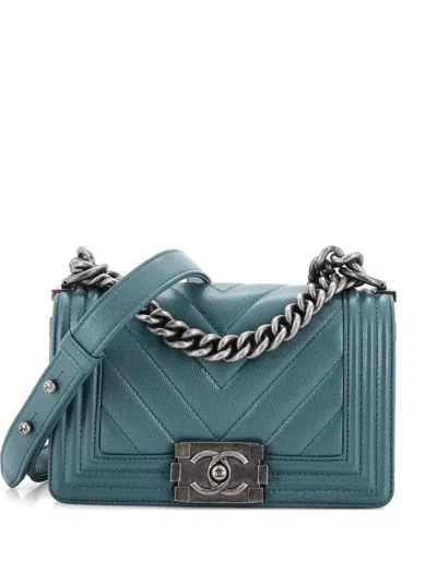 Pre-owned Chanel Boy Flap Bag Chevron Caviar Small Crossbody Bag In Green