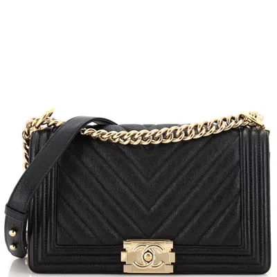 Pre-owned Chanel Boy Flap Bag Chevron Goatskin Old Medium In Black