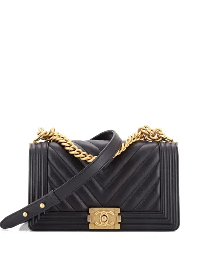 Pre-owned Chanel Boy Flap Bag Chevron Lambskin Old Medium Shoulder Bag In Black