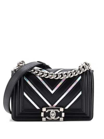 Pre-owned Chanel Boy Flap Bag Chevron Lambskin With Holographic Pvc Small Shoulder Bag In Black