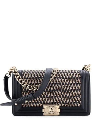 Pre-owned Chanel Boy Flap Bag Chevron Woven Raffia And Leather Old Medium Shoulder Bag In Black
