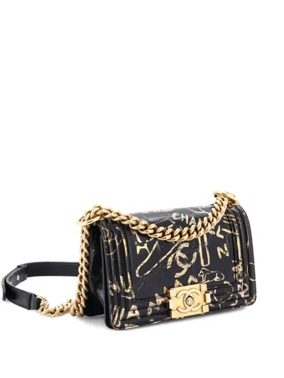 Pre-owned Chanel Boy Flap Bag Graffiti Crocodile Embossed Calfskin Small Shoulder Bag In Black