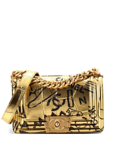 Pre-owned Chanel Boy Flap Bag Graffiti Crocodile Embossed Calfskin Small Shoulder Bag In Gold