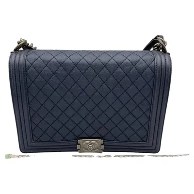 Pre-owned Chanel Boy Flap Bag Large Navy Blue Caviar Leather Ruthenium Hardwear