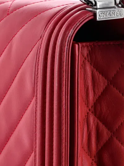 Pre-owned Chanel Boy Flap Bag Mixed Quilted Chevron Calfskin Old Medium Shoulder Bag In Red