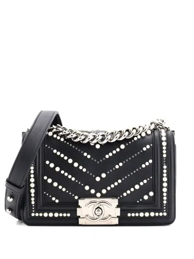 Pre-owned Chanel Boy Flap Bag Pearl Embellished Chevron Calfskin Small Crossbody Bag In Black