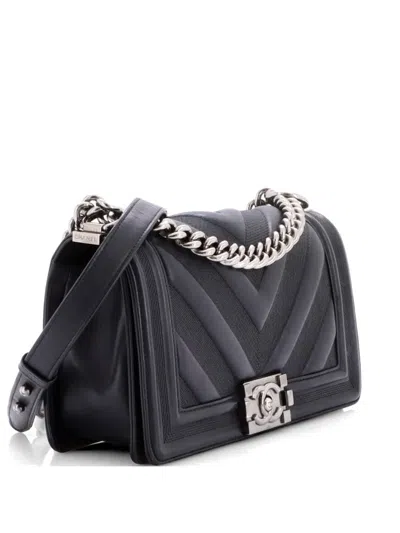 Pre-owned Chanel Boy Flap Bag Perforated Chevron Lambskin Old Medium Shoulder Bag In Black