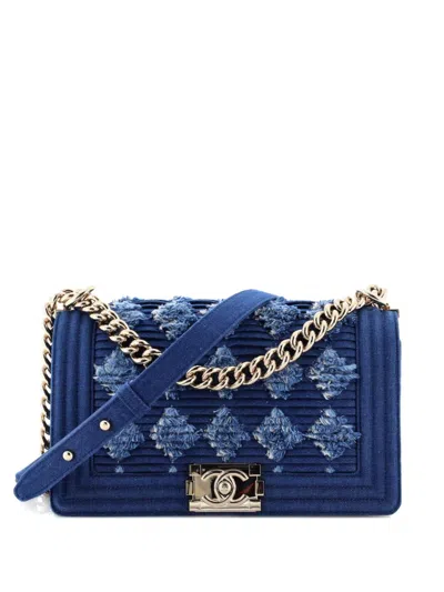 Pre-owned Chanel Boy Flap Bag Pleated Fringe Denim Old Medium Shoulder Bag In Blue