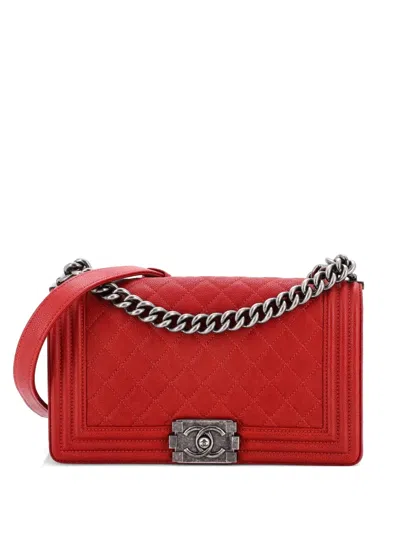 Pre-owned Chanel Boy Flap Bag Quilted Caviar Old Medium Crossbody Bag In Red