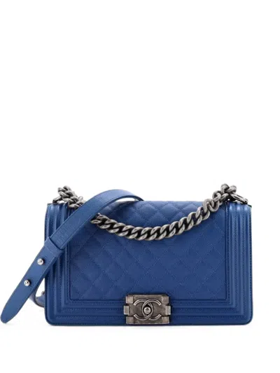 Pre-owned Chanel Boy Flap Bag Quilted Caviar Old Medium Shoulder Bag In Blue