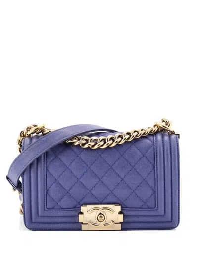 Pre-owned Chanel Boy Flap Bag Quilted Caviar Small Crossbody Bag In Blue