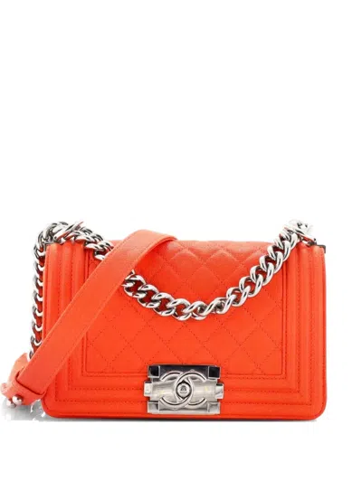 Pre-owned Chanel Boy Flap Bag Quilted Caviar Small Crossbody Bag In Orange