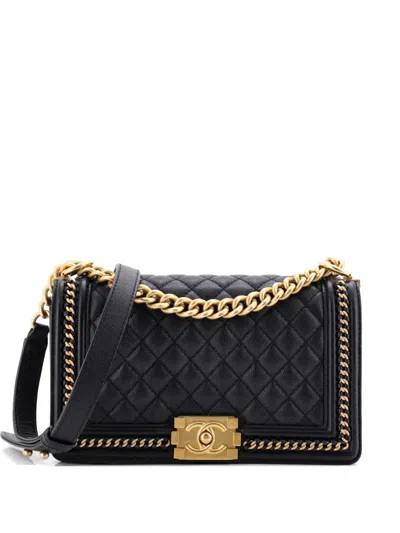 Pre-owned Chanel Boy Flap Bag Quilted Caviar With Whipstitch Chain Detail Old Medium Crossbody Bag In Black